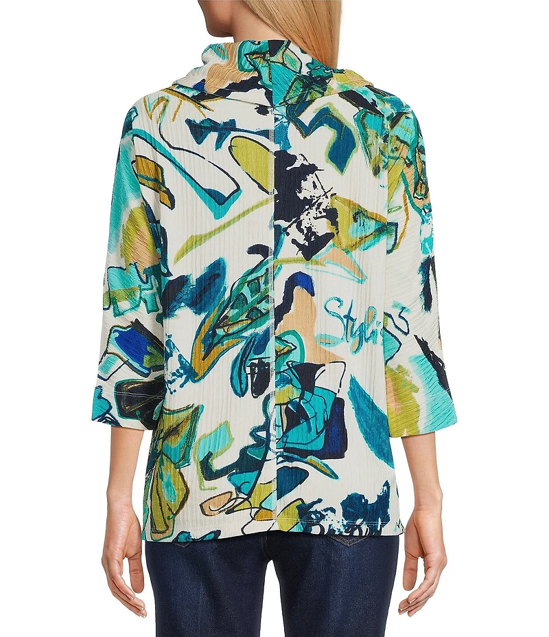 Multiples Printed Knit Cowl Neck Drawstring 3/4 Dolman Sleeve Pullover