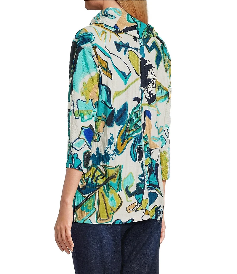 Multiples Printed Knit Cowl Neck Drawstring 3/4 Dolman Sleeve Pullover