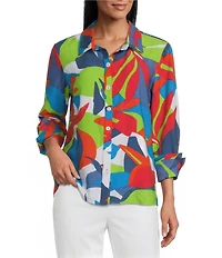 Multiples Printed Point Collar 3/4 Turn Up Cuff Sleeve High-Low Button-Front Shirt