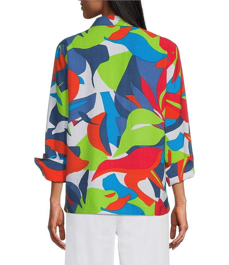 Multiples Printed Point Collar 3/4 Turn Up Cuff Sleeve High-Low Button-Front Shirt