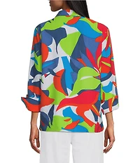 Multiples Printed Point Collar 3/4 Turn Up Cuff Sleeve High-Low Button-Front Shirt