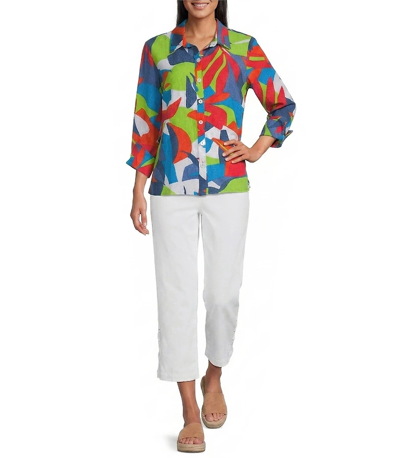 Multiples Printed Point Collar 3/4 Turn Up Cuff Sleeve High-Low Button-Front Shirt