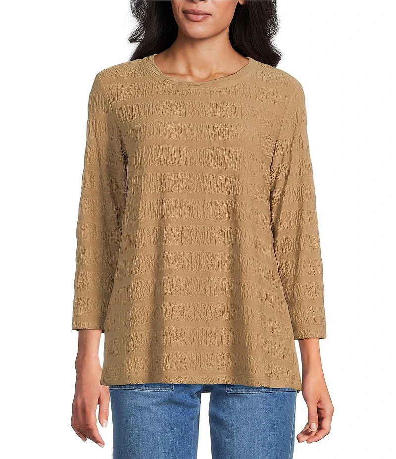 Multiples Pucker Double Knit Jacquard Scoop Neck 3/4 Sleeve Pullover Knit Top