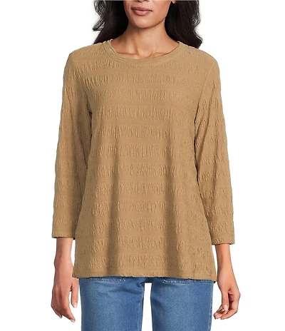 Multiples Pucker Double Knit Jacquard Scoop Neck 3/4 Sleeve Pullover Knit Top