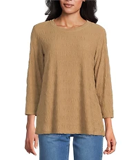 Multiples Pucker Double Knit Jacquard Scoop Neck 3/4 Sleeve Pullover Knit Top