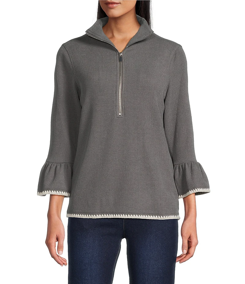 Multiples Ribbed Knit Funnel Neck 3/4 Sleeve Zip-Up Top