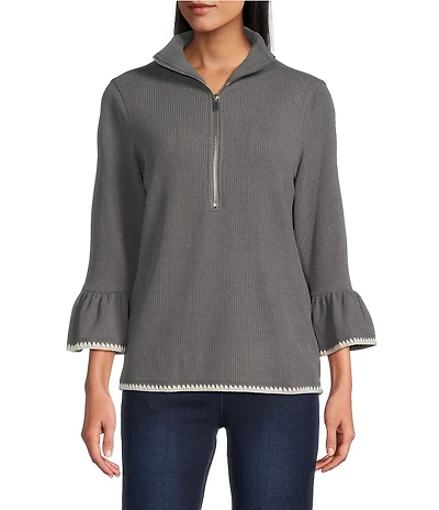 Multiples Ribbed Knit Funnel Neck 3/4 Sleeve Zip-Up Top