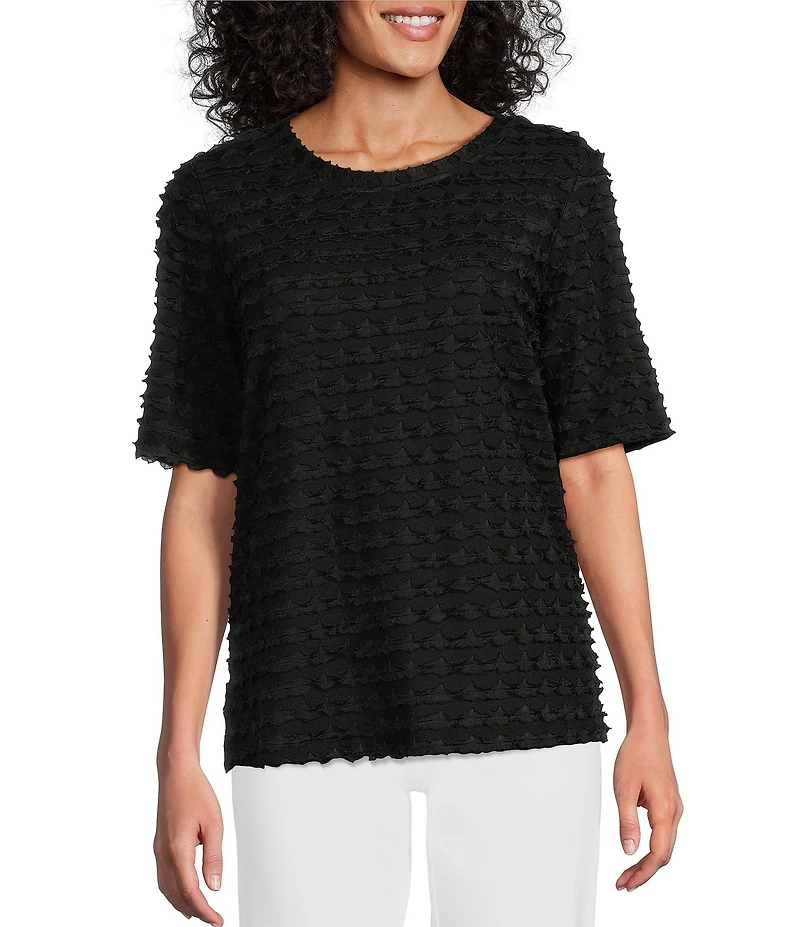 Multiples Scoop Neck Elbow Sleeve Wave Knit Fitted Top