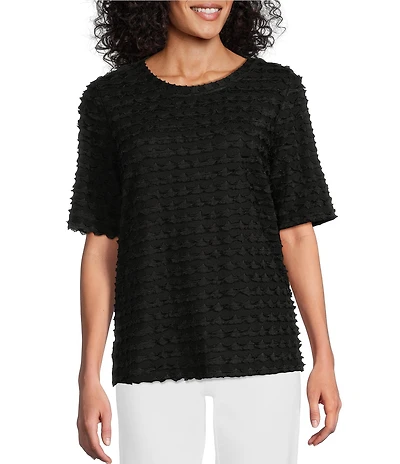 Multiples Scoop Neck Elbow Sleeve Wave Knit Fitted Top