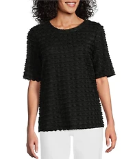 Multiples Scoop Neck Elbow Sleeve Wave Knit Fitted Top