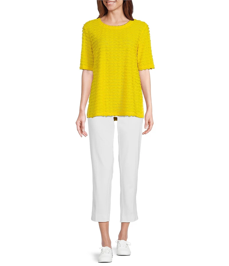 Multiples Scoop Neck Elbow Sleeve Wave Knit Fitted Top
