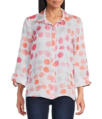 Multiples Shimmer Woven Dot Print Point Collar 3/4 Turn-Up Sleeve Button-Front Shirt