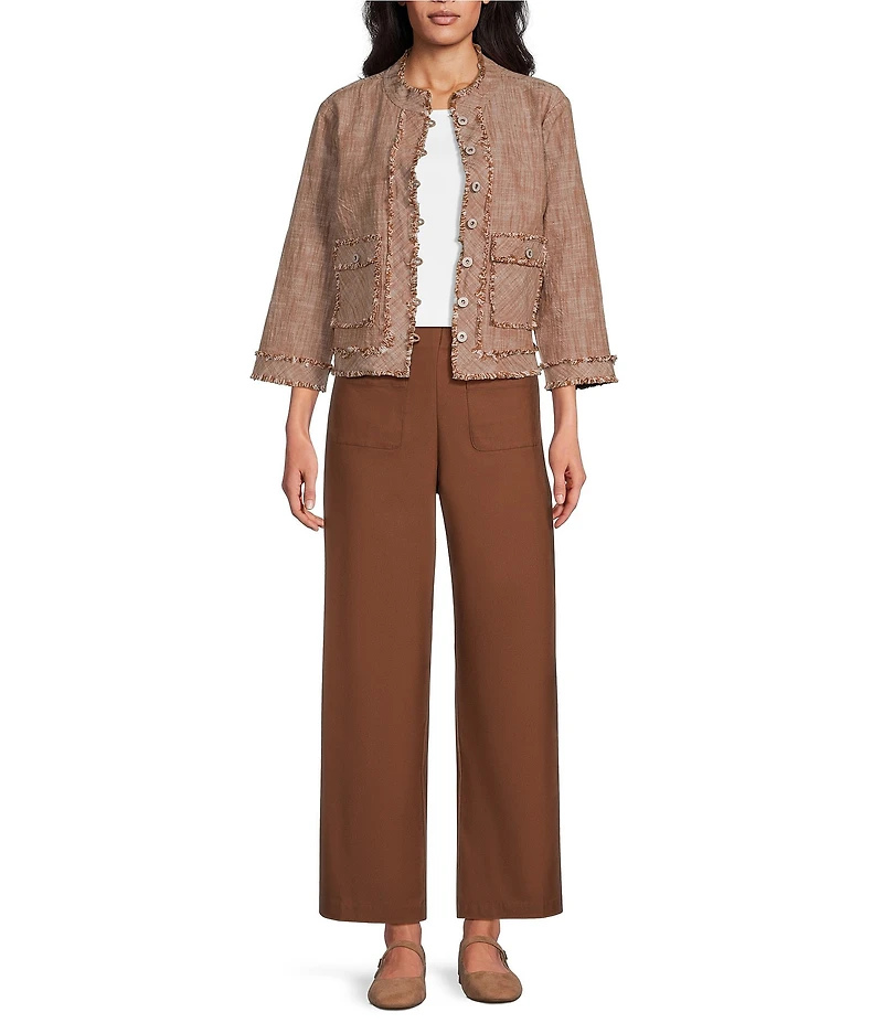 Multiples Slimsation Twill Wide Leg Crop Length Faux Zipper Pull On Pants