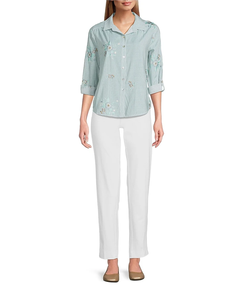 Multiples Petite Size Slub Crinkle Embroidered Stripe Point Collar Long Roll-Tab Sleeve Button Front Shirt