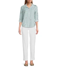 Multiples Petite Size Slub Crinkle Embroidered Stripe Point Collar Long Roll-Tab Sleeve Button Front Shirt