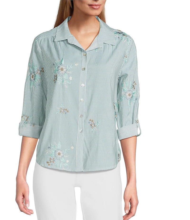 Multiples Petite Size Slub Crinkle Embroidered Stripe Point Collar Long Roll-Tab Sleeve Button Front Shirt
