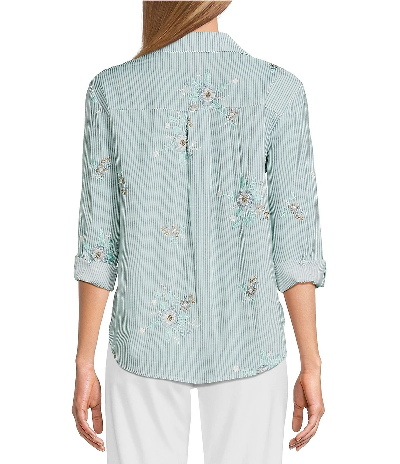 Multiples Petite Size Slub Crinkle Embroidered Stripe Point Collar Long Roll-Tab Sleeve Button Front Shirt
