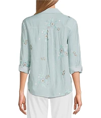 Multiples Petite Size Slub Crinkle Embroidered Stripe Point Collar Long Roll-Tab Sleeve Button Front Shirt