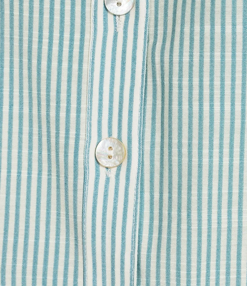Multiples Petite Size Slub Crinkle Embroidered Stripe Point Collar Long Roll-Tab Sleeve Button Front Shirt