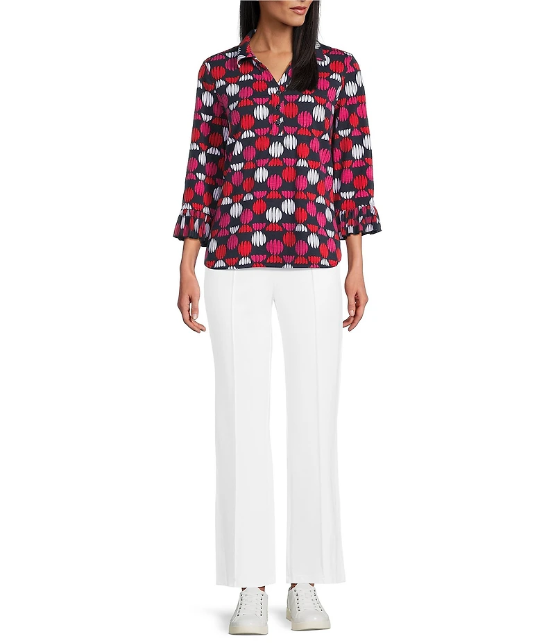 Multiples Slub Jersey Knit Dot Print Collared V-Neck 3/4 Sleeve Top