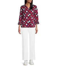 Multiples Slub Jersey Knit Dot Print Collared V-Neck 3/4 Sleeve Top