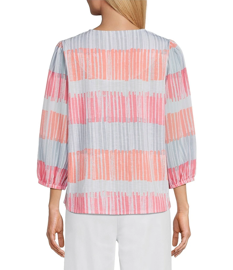 Multiples Slub Jersey Knit Embroidered Split V-Neck 3/4 Sleeve Georgette Top