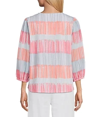 Multiples Slub Jersey Knit Embroidered Split V-Neck 3/4 Sleeve Georgette Top