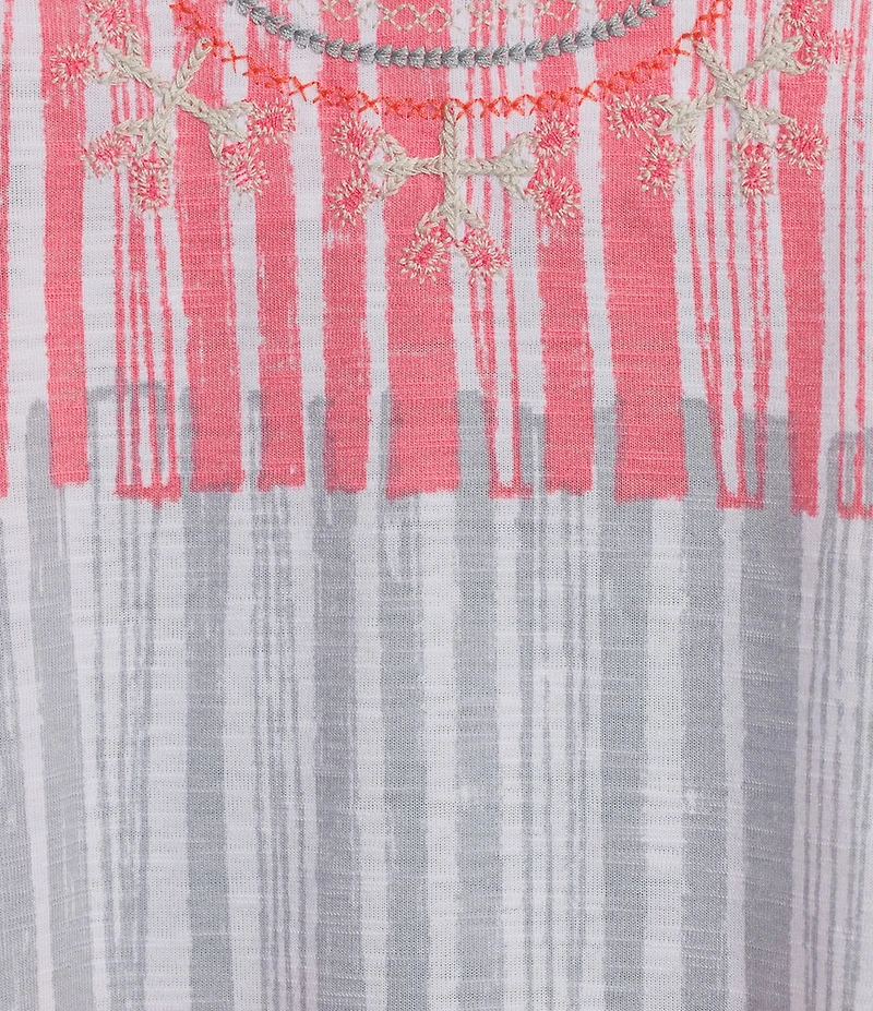 Multiples Slub Jersey Knit Embroidered Split V-Neck 3/4 Sleeve Georgette Top