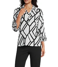 Multiples Slub Jersey Knit Geometric Line Print Collared V-Neck 3/4 Sleeve Top