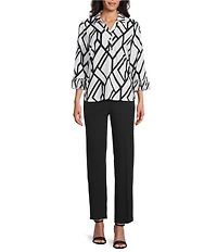 Multiples Slub Jersey Knit Geometric Line Print Collared V-Neck 3/4 Sleeve Top