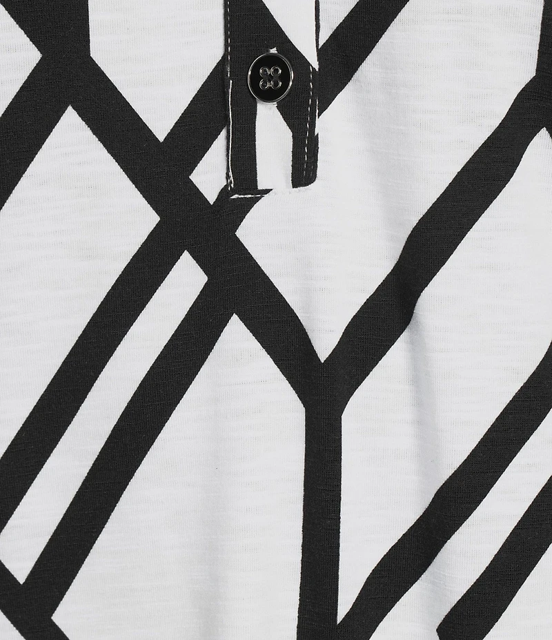 Multiples Slub Jersey Knit Geometric Line Print Collared V-Neck 3/4 Sleeve Top