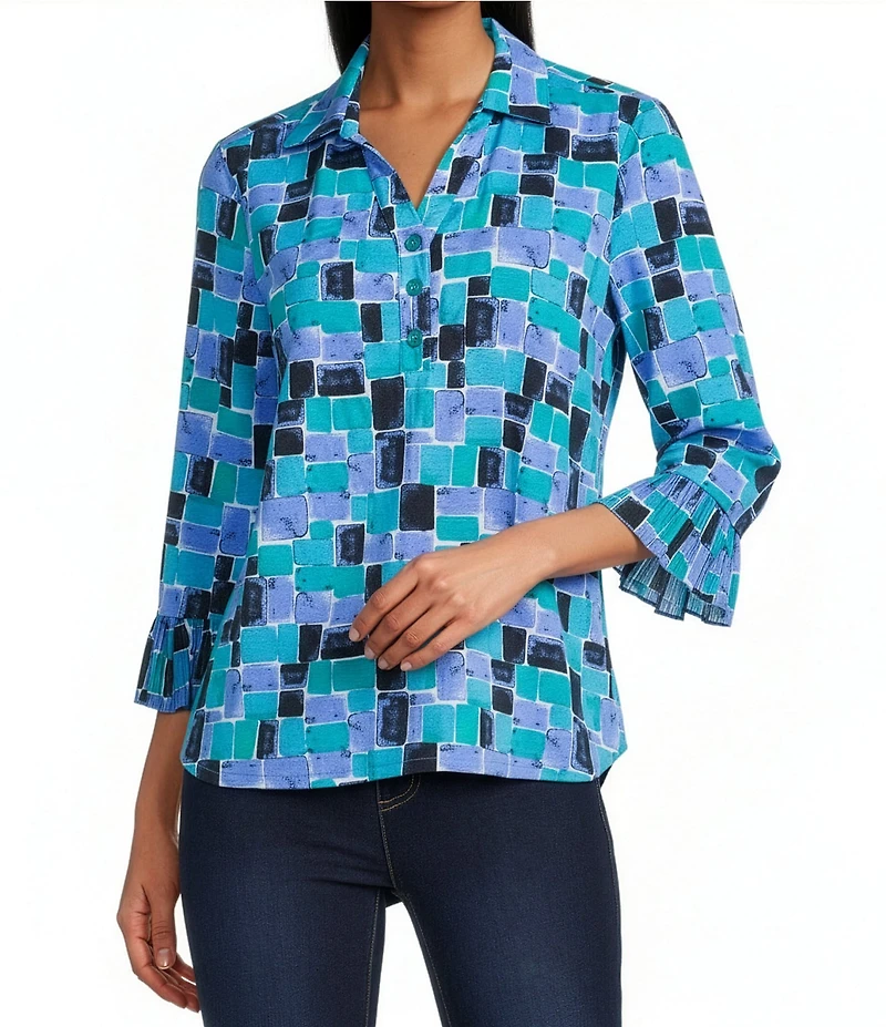 Multiples Slub Jersey Knit Geometric Print Collared V-Neck 3/4 Sleeve Top