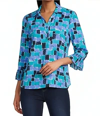 Multiples Slub Jersey Knit Geometric Print Collared V-Neck 3/4 Sleeve Top