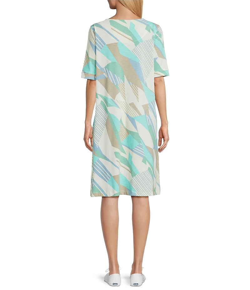 Multiples Slub Knit Abstract Multi Scoop Neck Elbow Sleeve Dress