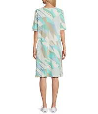 Multiples Slub Knit Abstract Multi Scoop Neck Elbow Sleeve Dress
