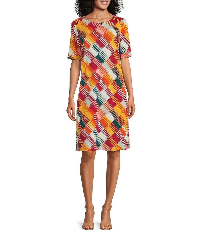 Multiples Slub Knit Block Multi Scoop Neck Elbow Sleeve Dress