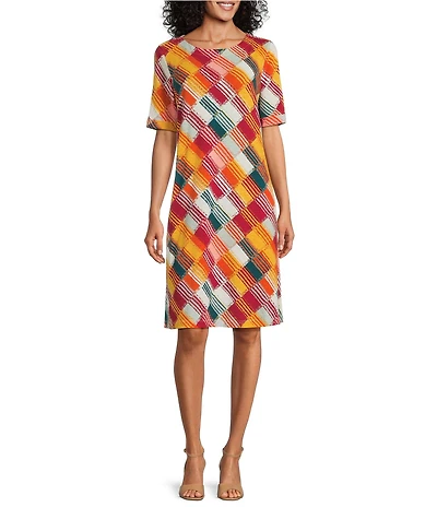 Multiples Slub Knit Block Multi Scoop Neck Elbow Sleeve Dress