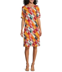 Multiples Slub Knit Block Multi Scoop Neck Elbow Sleeve Dress