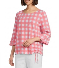 Multiples Slub Knit Boat Neck 3/4 Flounce Sleeve Side Draw String Godet Top