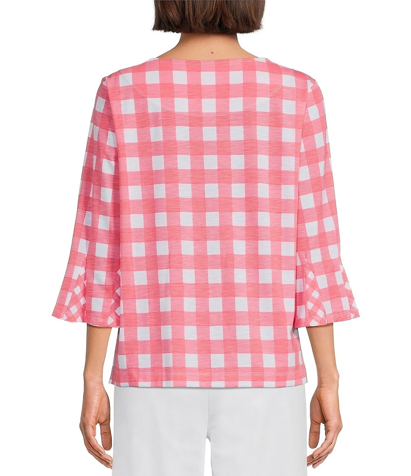 Multiples Slub Knit Boat Neck 3/4 Flounce Sleeve Side Draw String Godet Top