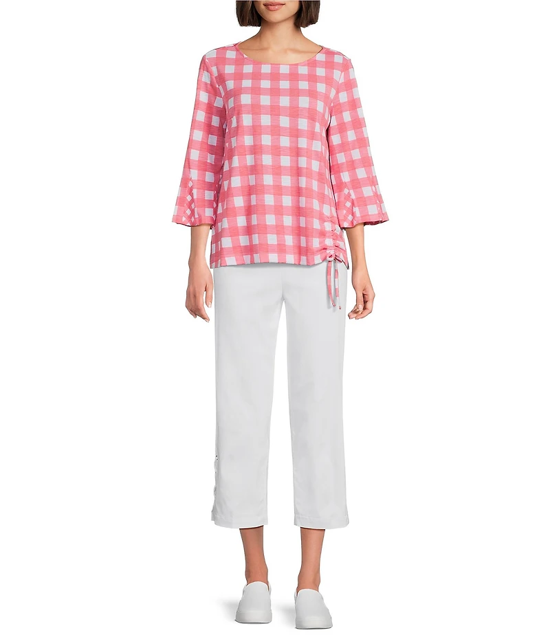 Multiples Slub Knit Boat Neck 3/4 Flounce Sleeve Side Draw String Godet Top