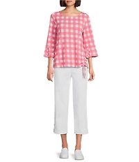 Multiples Slub Knit Boat Neck 3/4 Flounce Sleeve Side Draw String Godet Top