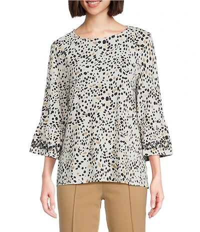 Multiples Slub Knit Embroidered Allover Dotted Crew Neck 3/4 Sleeve Top