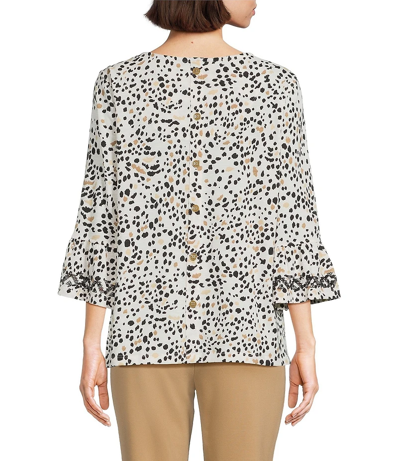 Multiples Slub Knit Embroidered Allover Dotted Crew Neck 3/4 Sleeve Top