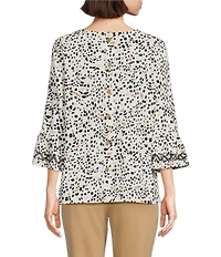 Multiples Slub Knit Embroidered Allover Dotted Crew Neck 3/4 Sleeve Top