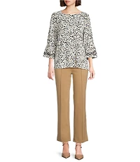 Multiples Slub Knit Embroidered Allover Dotted Crew Neck 3/4 Sleeve Top