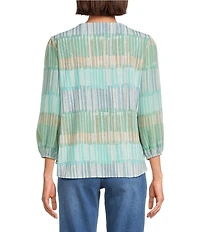 Multiples Slub Knit Embroidered Printed Split V-Neck 3/4 Sleeve Top