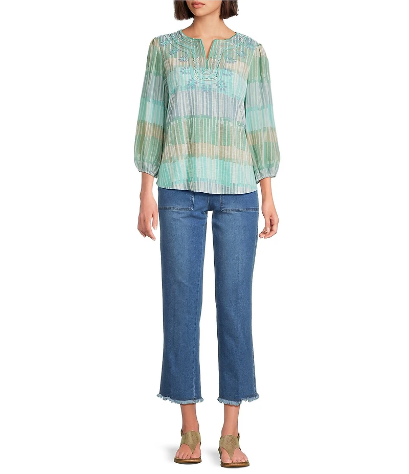 Multiples Slub Knit Embroidered Printed Split V-Neck 3/4 Sleeve Top