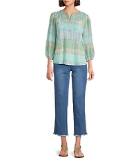 Multiples Slub Knit Embroidered Printed Split V-Neck 3/4 Sleeve Top