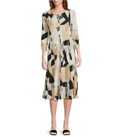 Multiples Slub Knit Geometric Multi-Panel Scoop Neck 3/4 Sleeve Fit & Flare Midi Dress